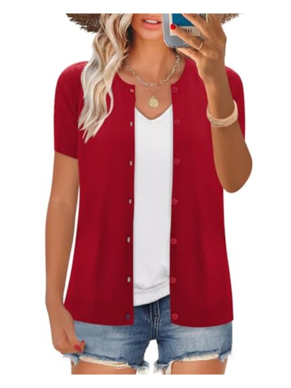 Women's Short Sleeve Knit Cardigan Shrug Sweater, Button Up Hollowed Out